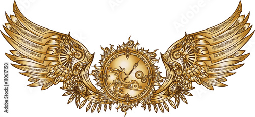 Mechanical wings in steampunk style with clockwork. 