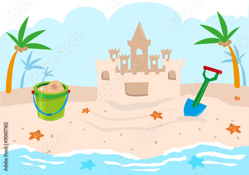 Kids Castle Building Tools on a Beach. Editable Clip Art.

