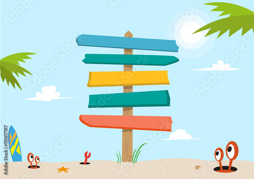 Signboard on a beach concept. Editable Clip Art.
