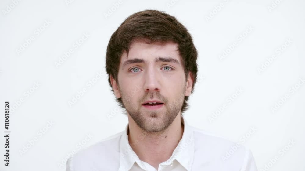 Scared man can't find words. Close up. Slow motion Scared man can't find words. Close up. Slow motion