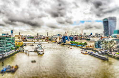 Aerial View of the Thames River  London. Tilt-shift effect applied