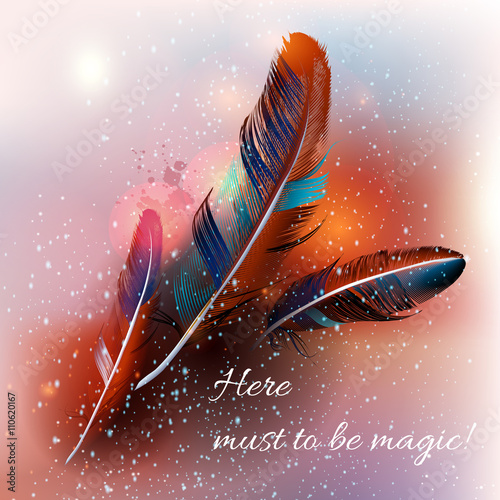 Background with feathers in realistic style