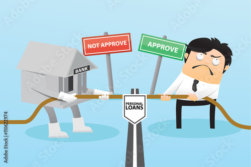 Bank and businessman fighting tug of war war for get personal loans