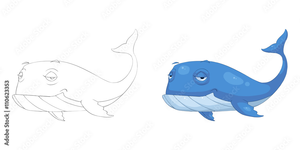 Naklejka premium Creative Illustration and Innovative Art: Animal Set: Sketch Line Art and Coloring Book: Blue Whale. Realistic Fantastic Cartoon Style Character Design, Wallpaper, Story Background, Card Design 
