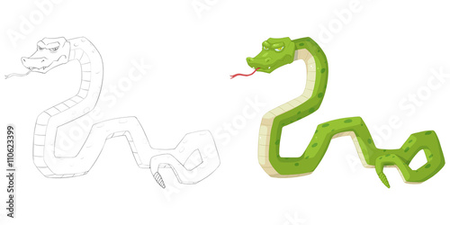 Creative Illustration and Innovative Art  Animal Set  Sketch Line Art and Coloring Book  Green Snake. Realistic Fantastic Cartoon Style Character Design  Wallpaper  Story Background  Card Design  