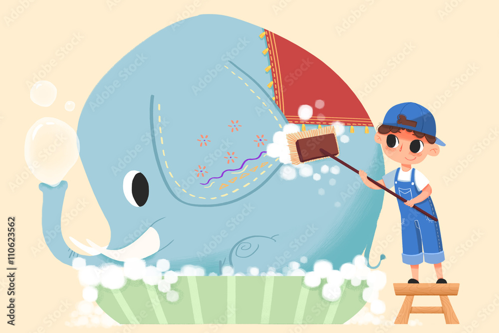 Creative Illustration and Innovative Art: Little Boy is Cleaning Up the  Elephant. Realistic Fantastic Cartoon Style Artwork Character Design,  Wallpaper, Story Background, Card Design Stock Illustration | Adobe Stock