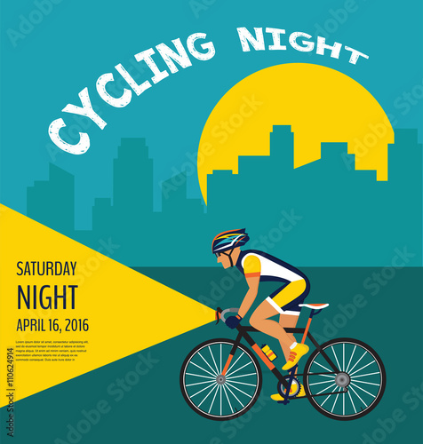 cycling night poster. cyclist riding through the city