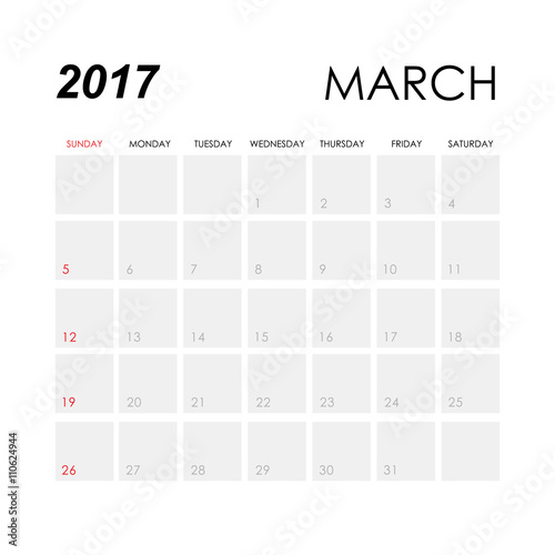Template of calendar for March 2017
