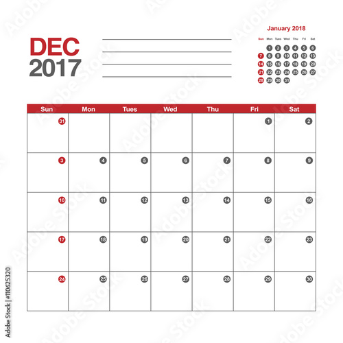 Template of calendar for December 2017
