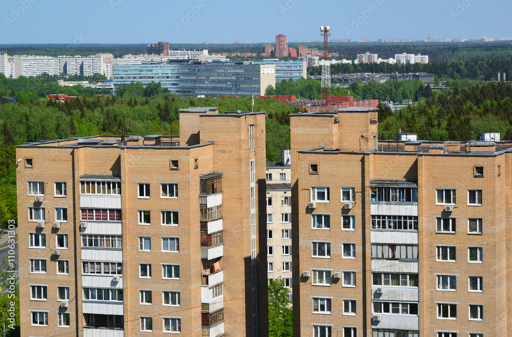 Two brick houses in Top view of Zelenograd Administrative District, Moscow