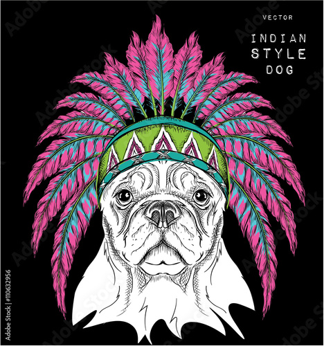 Dog in the Indian roach. Indian feather headdress of eagle. Hand draw vector  illustration