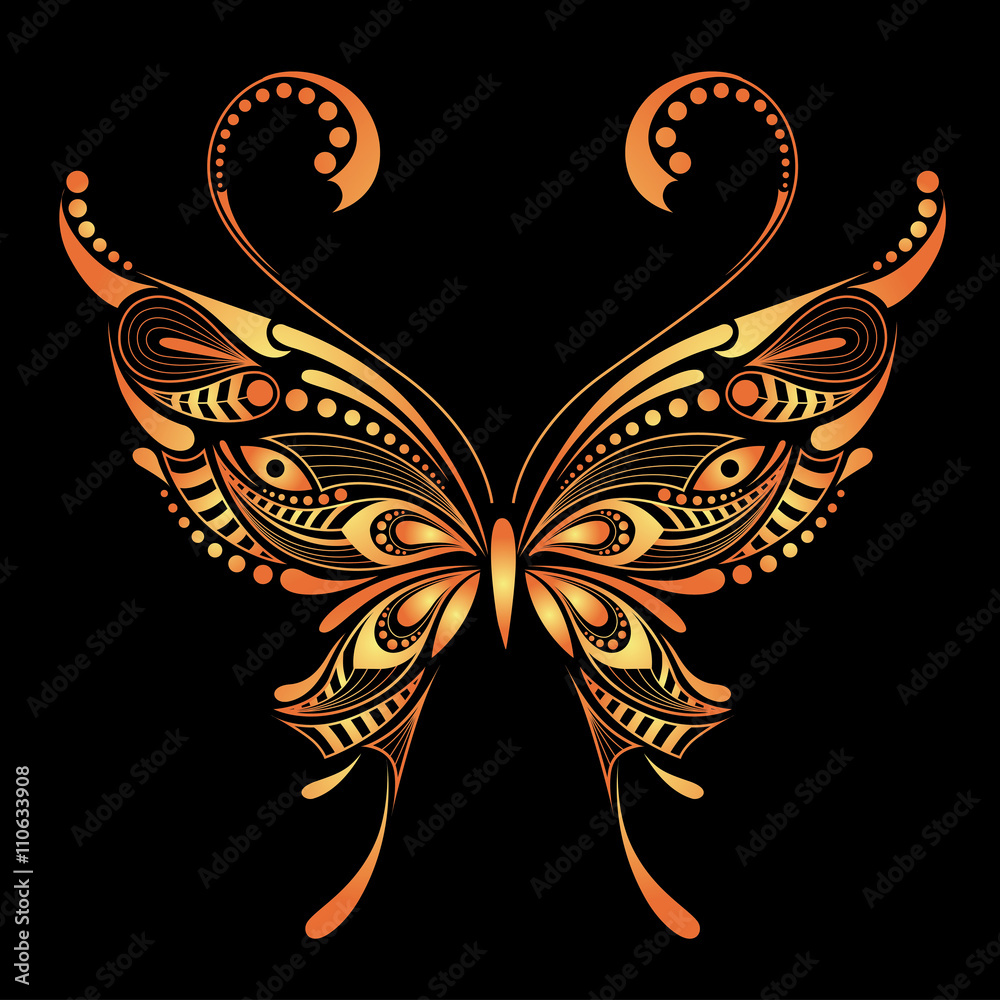Patterned Golden butterfly. African / indian / totem / tattoo design. It may be used for design of a t-shirt, bag, postcard and poster. 