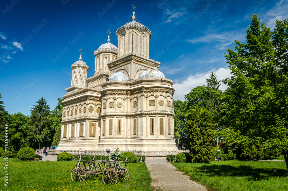 Curtea de Arges monastery, Romania. Curtea de Arges Monastery is known because of the legend of architect master Manole. It is a landmark in Wallachia, medieval Romania.