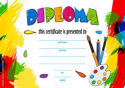 vector  childrens diploma for delivery on a creative contest in kindergarten or school. diploma of childrens paint brushes and palette for artists. Vector background