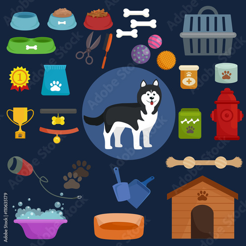 Dog icons flat set with dung kennel leash food bowl