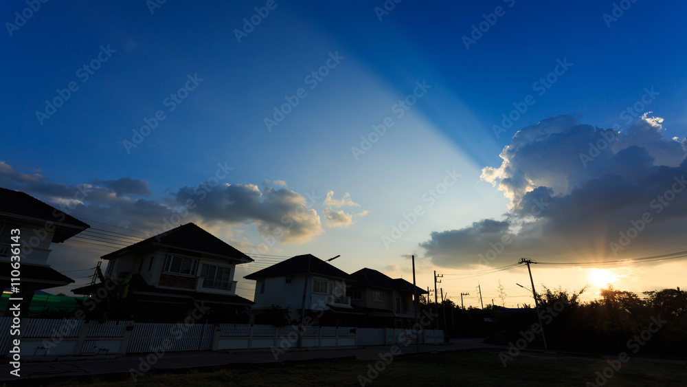 silhouette house of village suburb with beautiful sky background