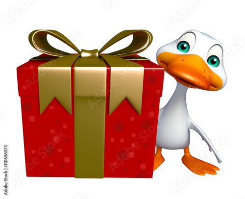 fun Duck cartoon character with gift box © visible3dscience