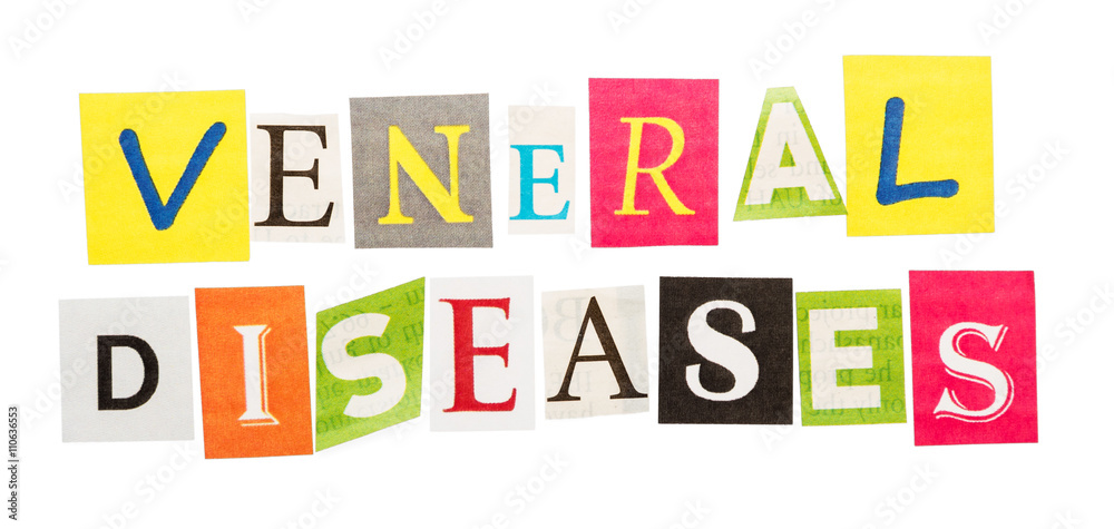 Caption venereal disease made up of letters cut out isolated on white Caption venereal disease made up of letters cut out isolated on white