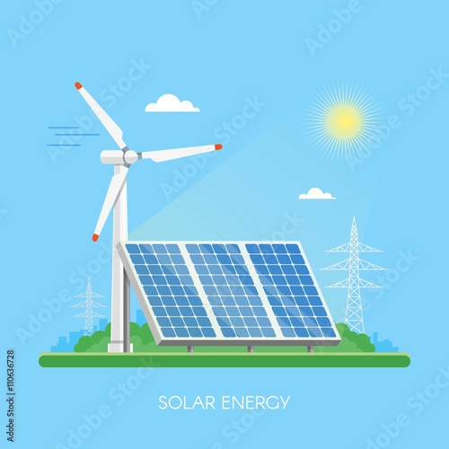 Solar panels power plant and factory. Green energy industrial concept. Vector illustration in flat style. Electricity station background. 