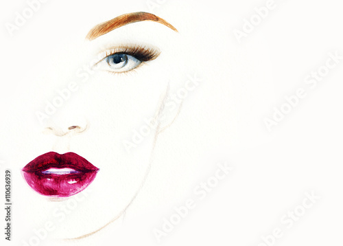 Abstract fashion watercolor illustration. Beautiful woman face. 