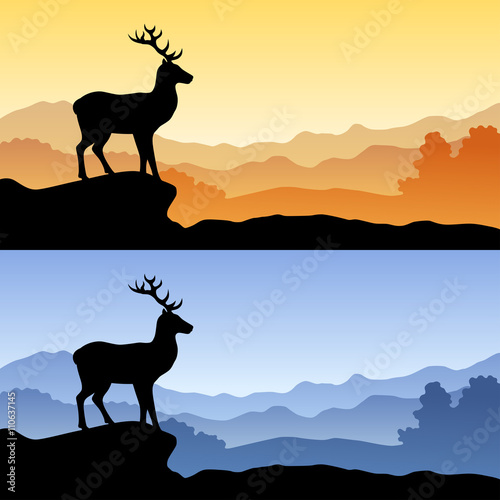 Deer silhouette landscape nature sunset sunrise illustration vector