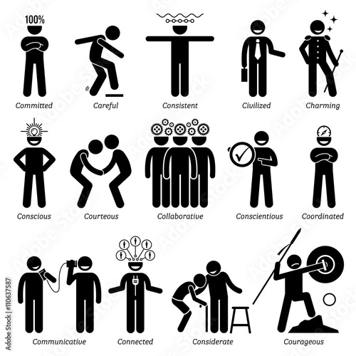 Positive Personalities Character Traits. Stick Figures Man Icons. Starting with the Alphabet C.