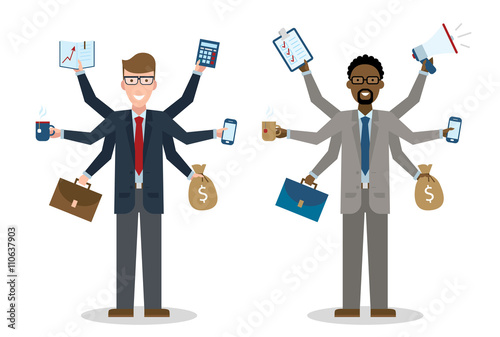 Multitasking six hands isolated businessmen on white background. Successful businessman. Workaholic. Talented and professional. Leadership.