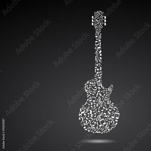 Music note guitar. Electric guitar made of music notes. Black notes pattern. Black and white design. Guitar shape. Poster idea. 