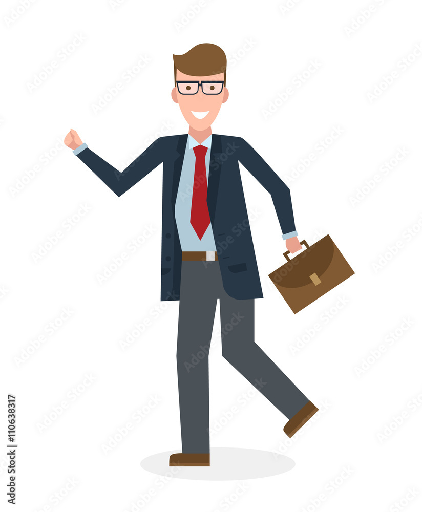 Businessan running on white background. Isolated cartoon character. Caucasian businessman with suit case. Successful achievement. Active work. Fast lifestyle. Businessan running on white background. Isolated cartoon character. Caucasian businessman with suit case. Successful achievement. Active work. Fast lifestyle.