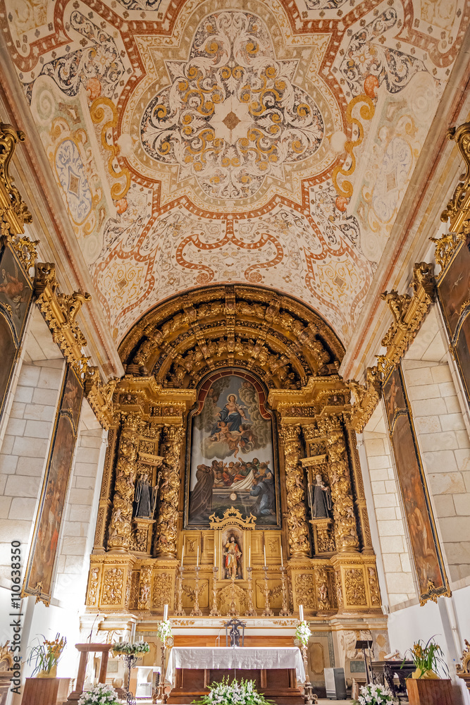 Santo Tirso, Portugal. December 26, 2015: Altar and ceiling of the S. Bento monastery. Benedictine order. Built in the Gothic (cloister) and Baroque (church) style.