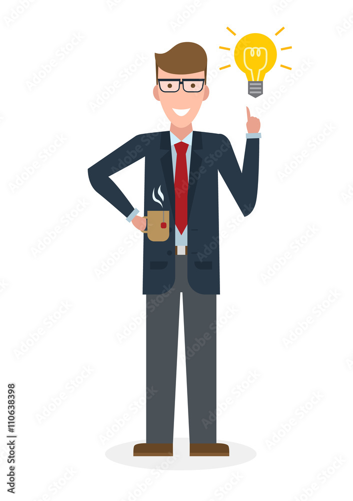 Businessman with idea bulb and coffee cup on white background. Isolated character. Caucasian businessman pointing at idea bulb. Concept of successful job.