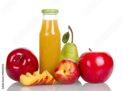 Apples, pears and butilka with juice isolated on white 