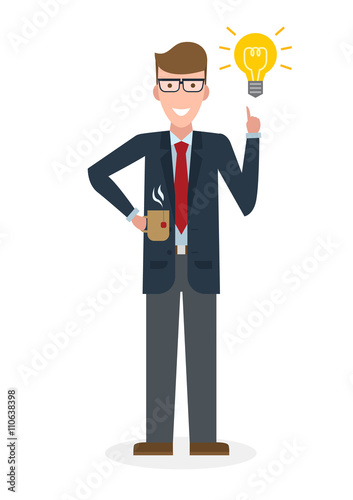 Businessman with idea bulb and coffee cup on white background. Isolated character. Caucasian businessman pointing at idea bulb. Concept of successful job.