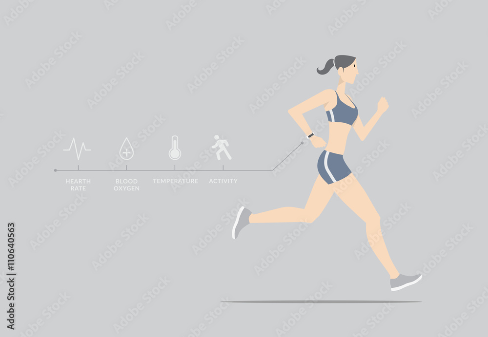 Fitness Sensor Concept. Girl running with wearable device.