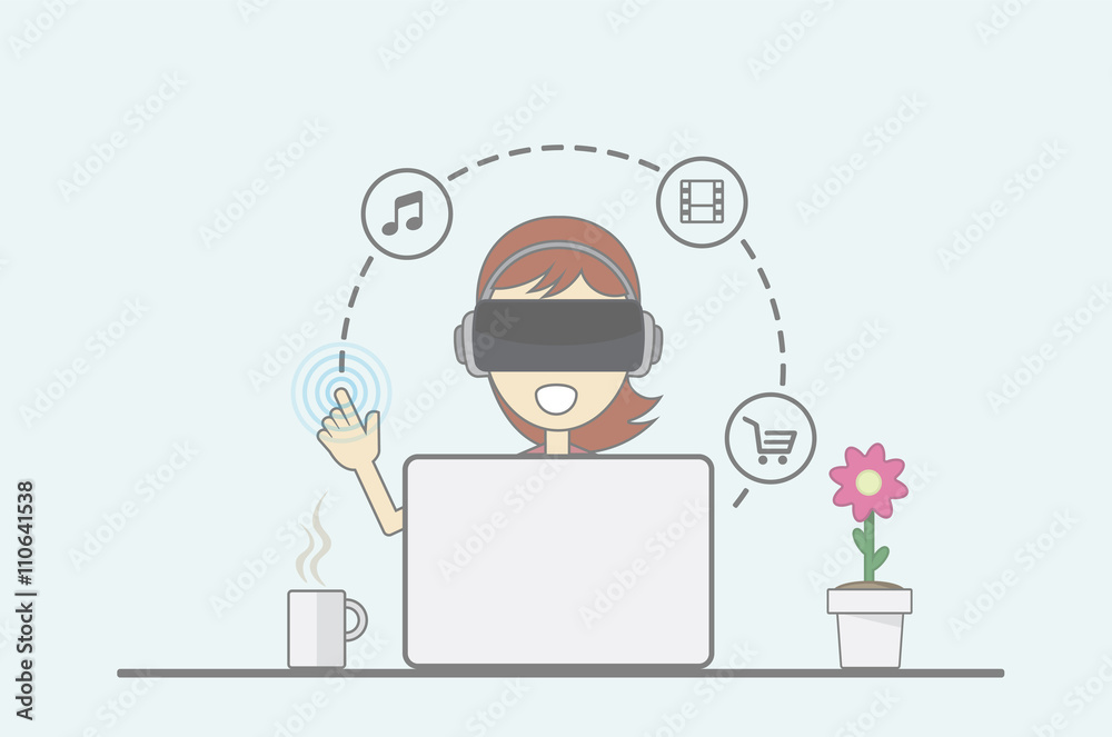 Young girl sitting behind desk in front of laptop uses virtual reality application.