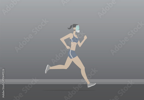 Young woman wearing pollution mask while exercising. © Bobboz