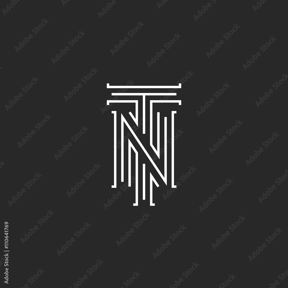 Initials NT letters logo, hipster monogram boutique emblem, compound T N  letters for wedding invitation, combination TN symbol for business card  Stock Vector
