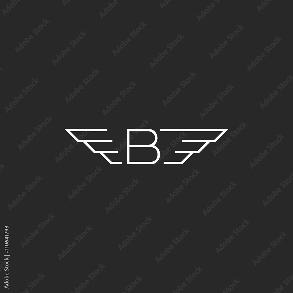 Winged letter B logo, wings monogram emblem, black and white graphic ...