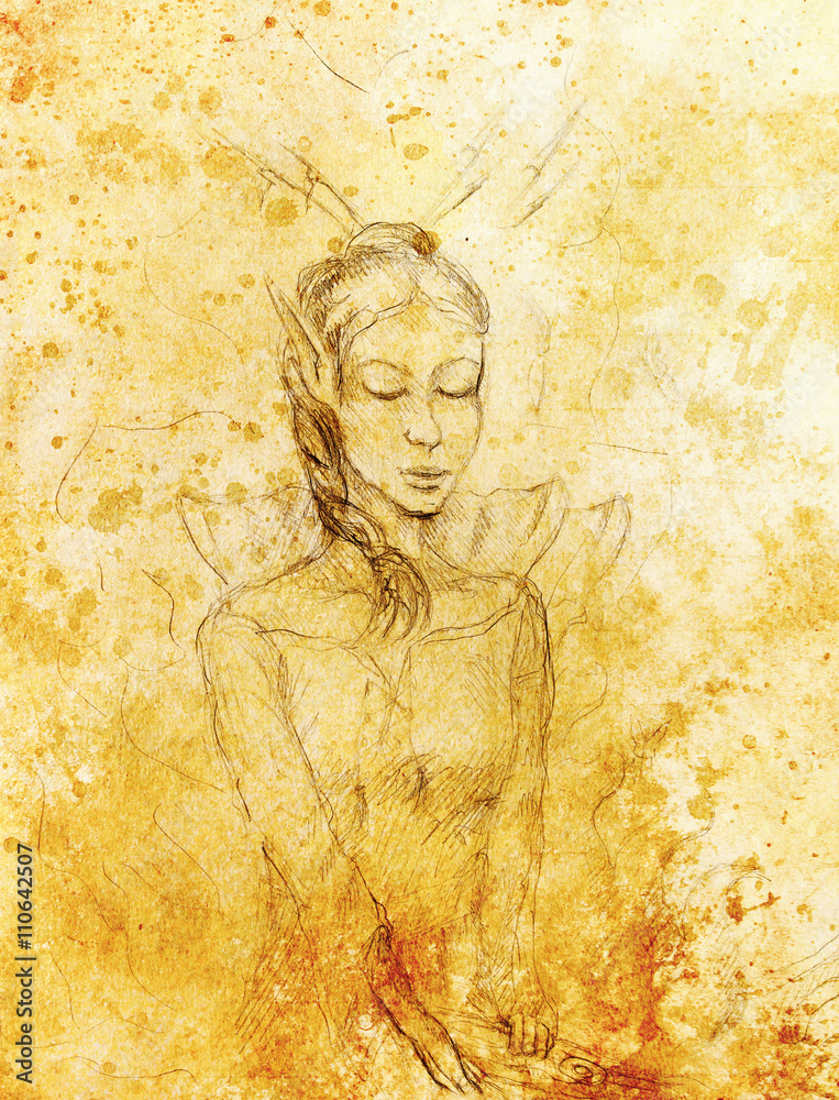 Drawing of elf woman, pencil sketch on paper, sepia and vintage effect.