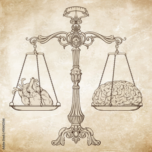 Vector illustration antique ornate balance scales with a heart and a brain on cups over grunge background. Logic and emotion priority concept. Even odds, being in balance.