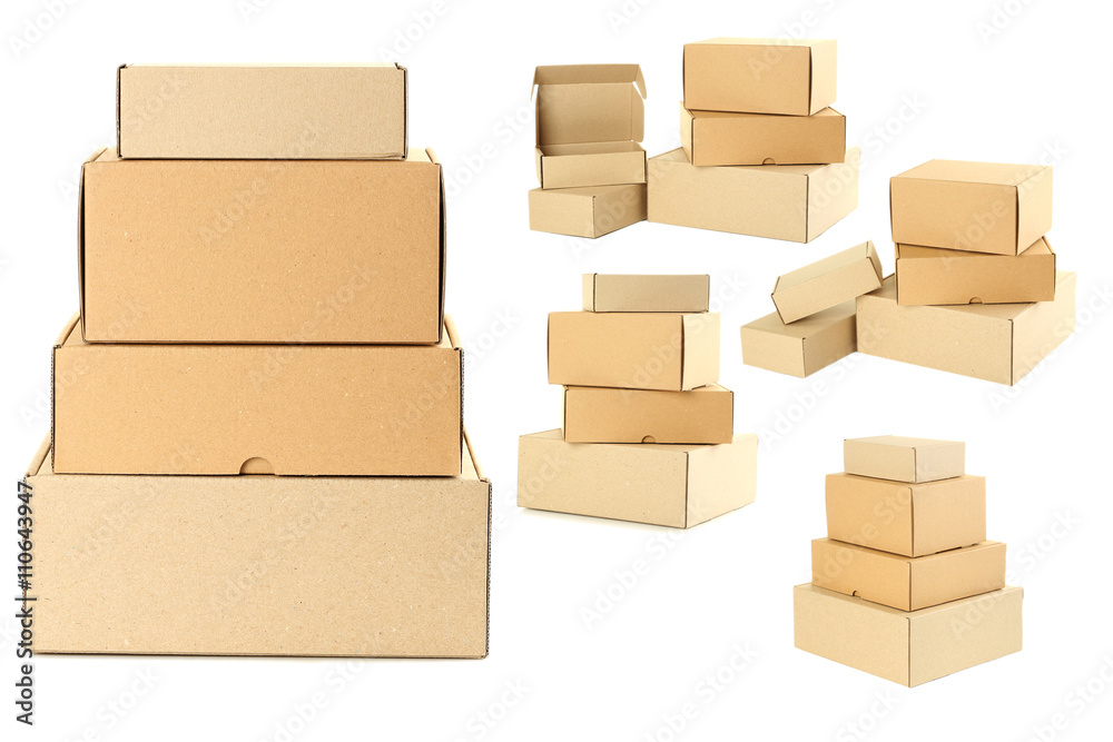 Empty cardboard boxes isolated on a white, collage Empty cardboard boxes isolated on a white, collage