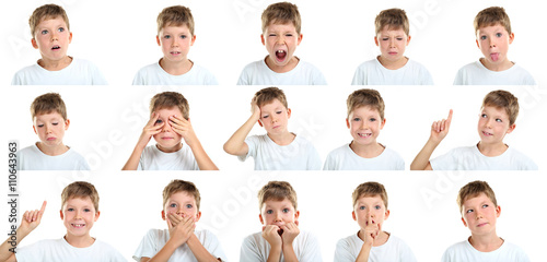 Portrait of emotional little boy on white background, collage