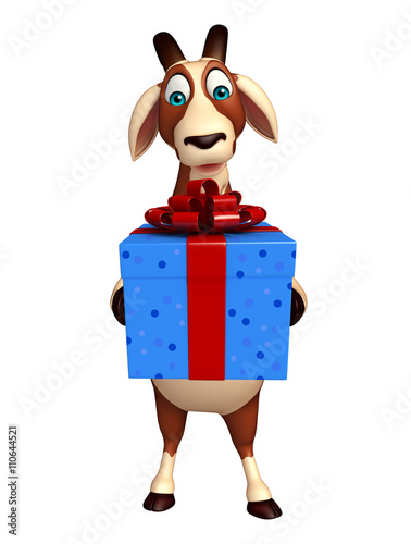 fun Goat cartoon character with gift box