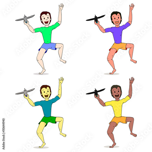 Set of Boys Playing With Toy Aircraft colorized
