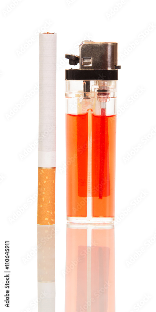 Cigarette and Lighter close up isolated on white Cigarette and Lighter close up isolated on white