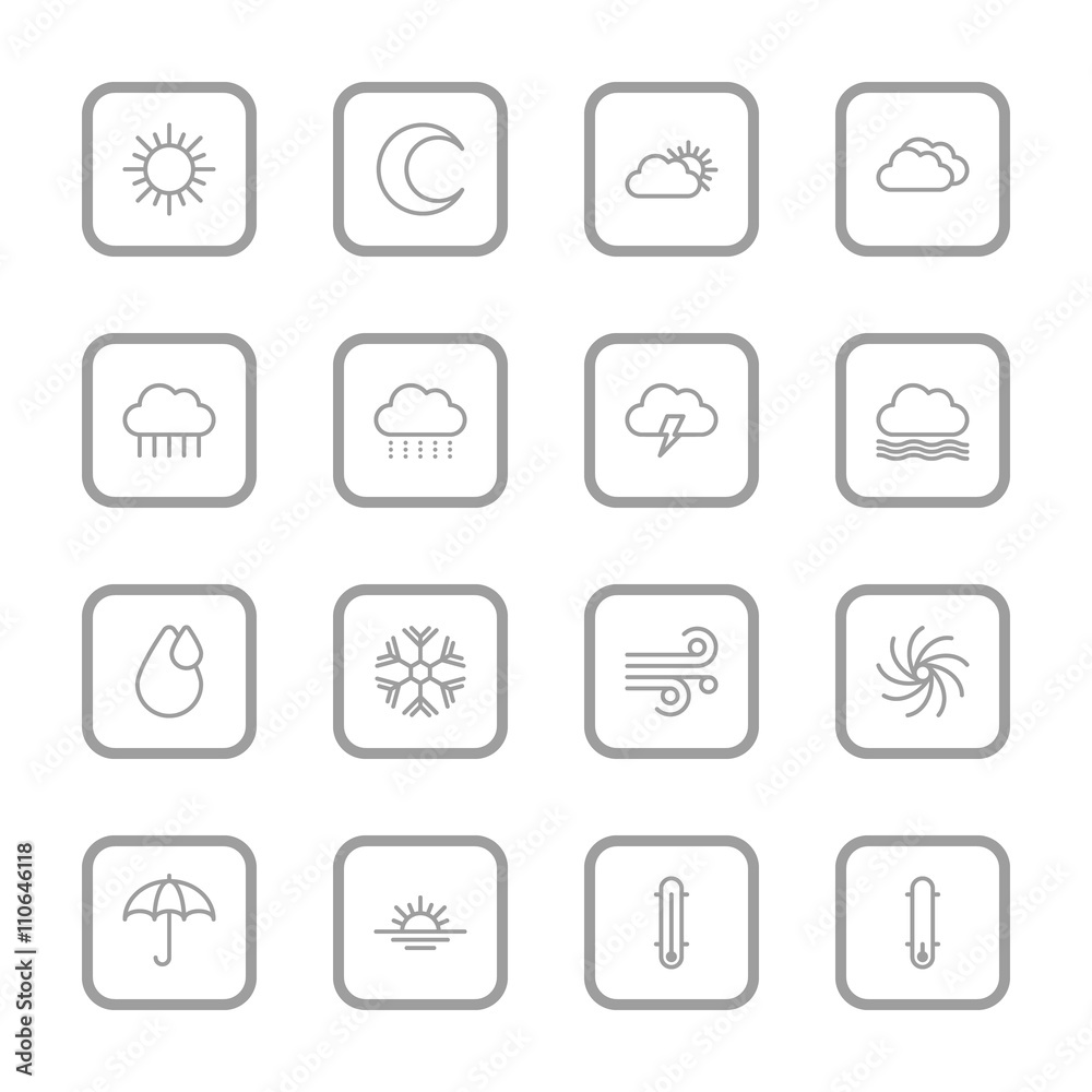gray line weather icon set with rounded rectangle frame for web design, user interface (UI), infographic and mobile application (apps) gray line weather icon set with rounded rectangle frame for web design, user interface (UI), infographic and mobile application (apps)