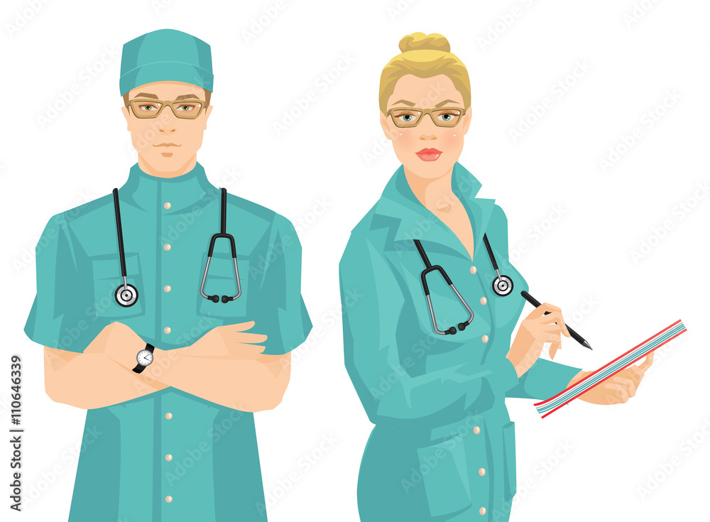 Vector illustration of young doctor in medical uniform and hat isolated on white background. Serious man in glasses. Medic woman in glasses wrote in document. Vector illustration of young doctor in medical uniform and hat isolated on white background. Serious man in glasses. Medic woman in glasses wrote in document.