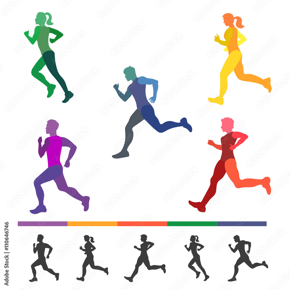 Running people set. Colorful silhouettes of runners. Running man and woman all part of body separately. Make your own runners. Vector illustration. Stock Adobe Stock