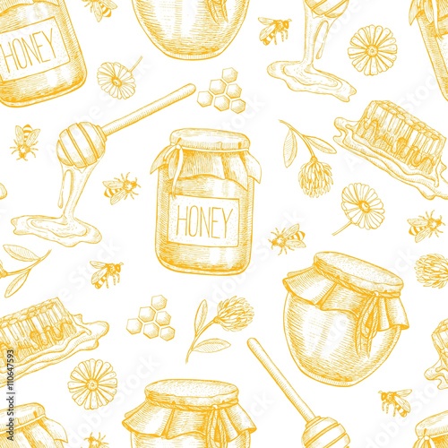 Vector honey seamless pattern. Vintage hand drawn background.