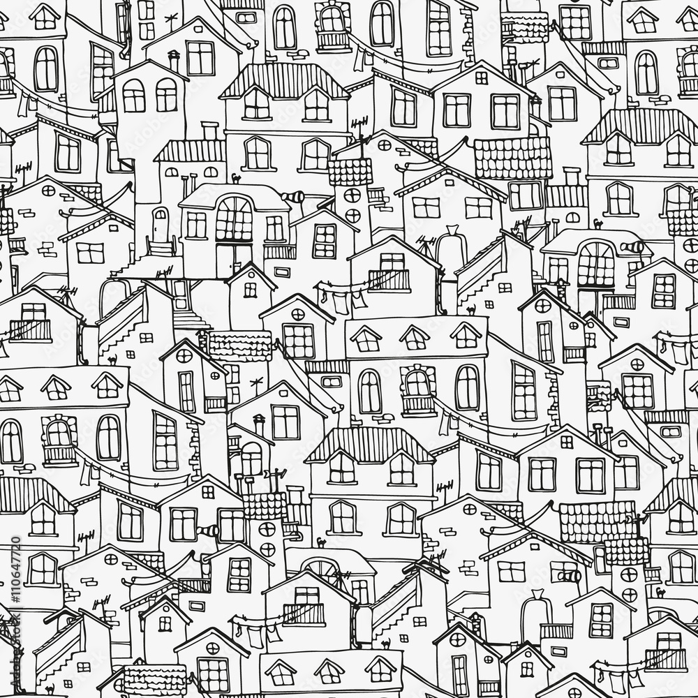 Hand drawn background with doodle houses.